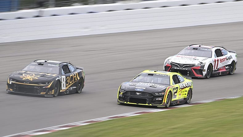 Jun 4, 2023; Madison, Illinois, USA; NASCAR Cup Series driver Kyle Busch (8) leads NASCAR Cup Series driver Ryan Blaney (12) and NASCAR Cup Series driver Denny Hamlin (11) during the Enjoy Illinois 300 at World Wide Technology Raceway. Mandatory Credit: Joe Puetz-USA TODAY Sports