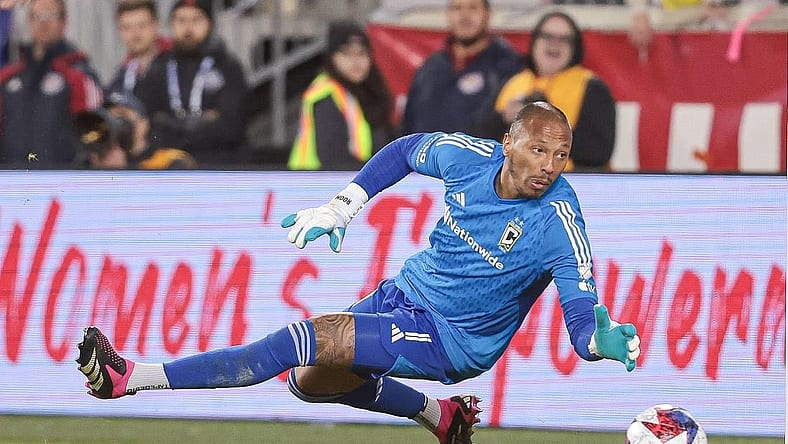 Mar 18, 2023; Harrison, New Jersey, USA; Columbus Crew goalkeeper Eloy Room (1) reacts for the ball during the second half against the New York Red Bulls at Red Bull Arena. Mandatory Credit: Vincent Carchietta-USA TODAY Sports