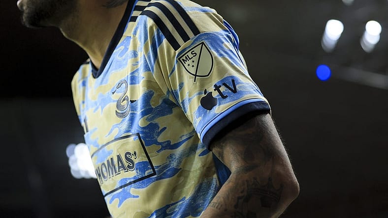 Apr 8, 2023; Cincinnati, Ohio, USA;  The MLS logo and Apple TV logo are seen on the jersey of Philadelphia Union defender Matt Real (2) during the game against FC Cincinnati in the second half at TQL Stadium. Mandatory Credit: Aaron Doster-USA TODAY Sports