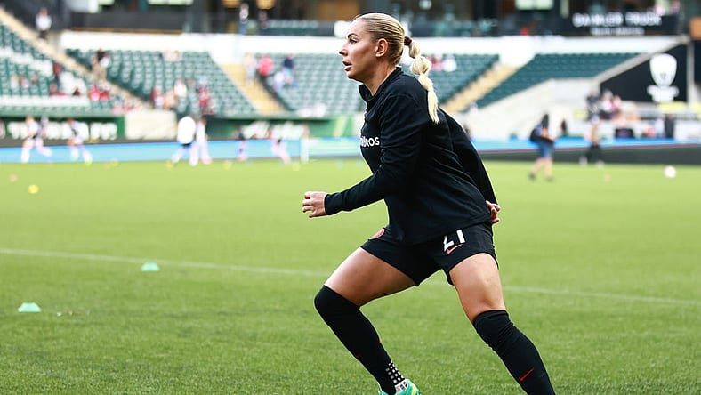 May 31, 2023; Portland, OR, USA; Portland Thorns FC forward Adriana Leon (21) warms up before the match against Angel City FC at Providence Park. Mandatory Credit: Craig Mitchelldyer-USA TODAY Sports