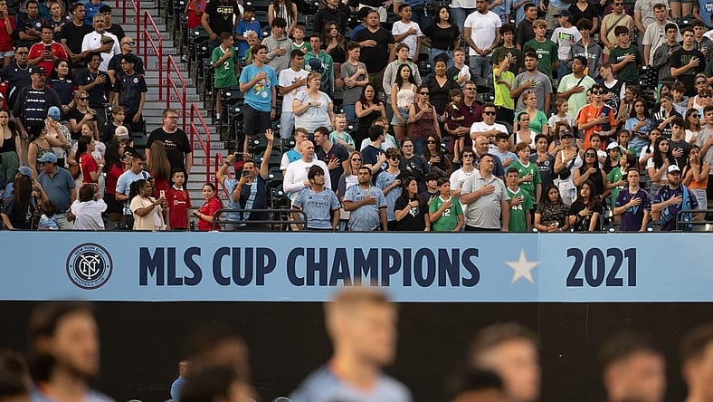 Jul 5, 2023; Queens, New York, USA; Fans stand for the national anthem before a match between New York City FC and Charlotte FC at Citi Field. Mandatory Credit: Mark Smith-USA TODAY Sports