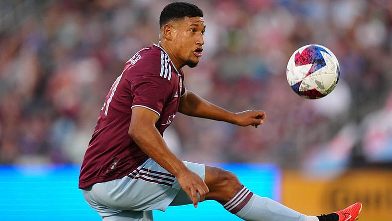 Jul 15, 2023; Commerce City, Colorado, USA; Colorado Rapids midfielder Bryan Acosta (21) controls the ball during the first half against the Houston Dynamo FC at Dick's Sporting Goods Park. Mandatory Credit: Ron Chenoy-USA TODAY Sports