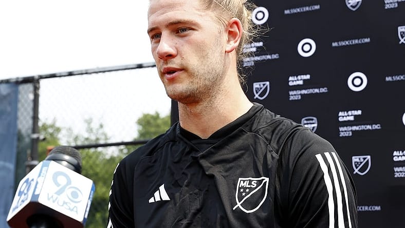 Jul 17, 2023; Washington, D.C., USA; MLS defender Walker Zimmerman (25) of Nashville SC is interviewed during a training session prior to the 2023 MLS All Star Game at American University-Reeves Athletic Complex. Mandatory Credit: Amber Searls-USA TODAY Sports