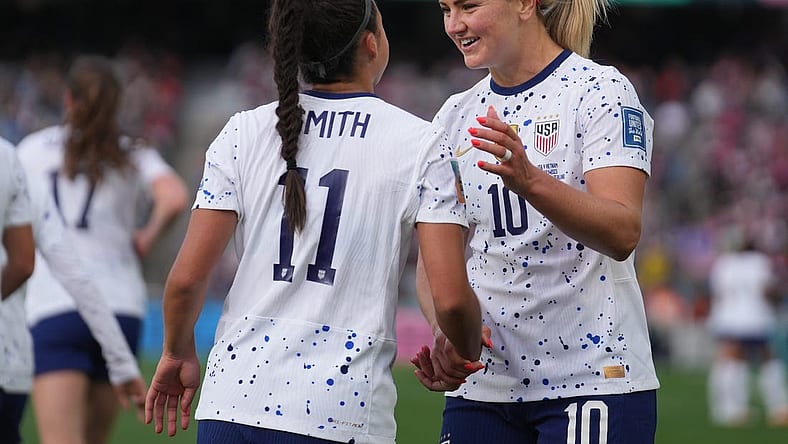 Jul 22, 2023; Auckland, NZL;  USA midfielder Lindsey Horan (10) celebrates with USA forward Sophia Smith (11) after scoring a goal against Vietnam in the second half of a group stage match in the 2023 FIFA Women's World Cup at Eden Park. Mandatory Credit: Jenna Watson-USA TODAY Sports