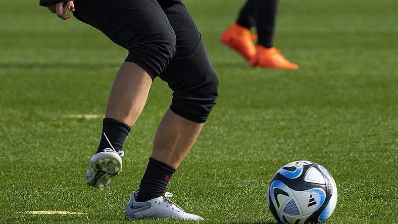 Jul 24, 2023; Auckland, NZL; A U.S. player kicks a ball during a training session at Bay City Park amid the 2023 FIFA Women's World Cup. Mandatory Credit: Jenna Watson-USA TODAY Sports