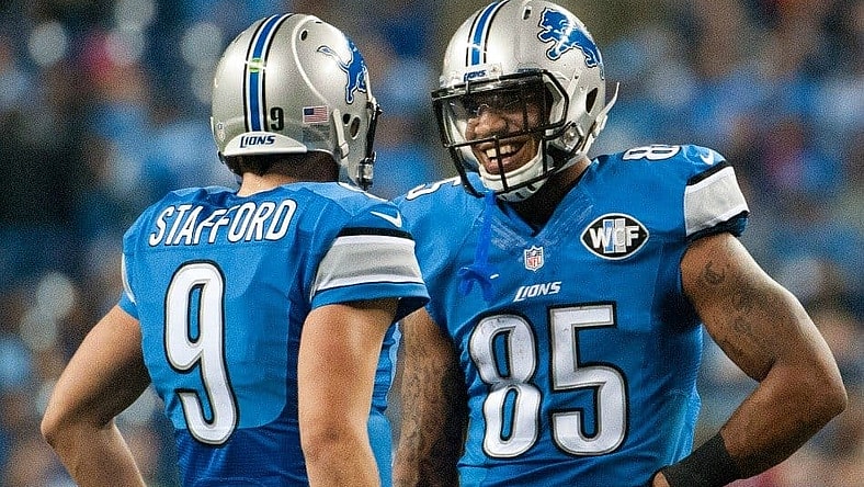 Matthew Stafford and Eric Ebron of the Detroit Lions on Monday Night Football