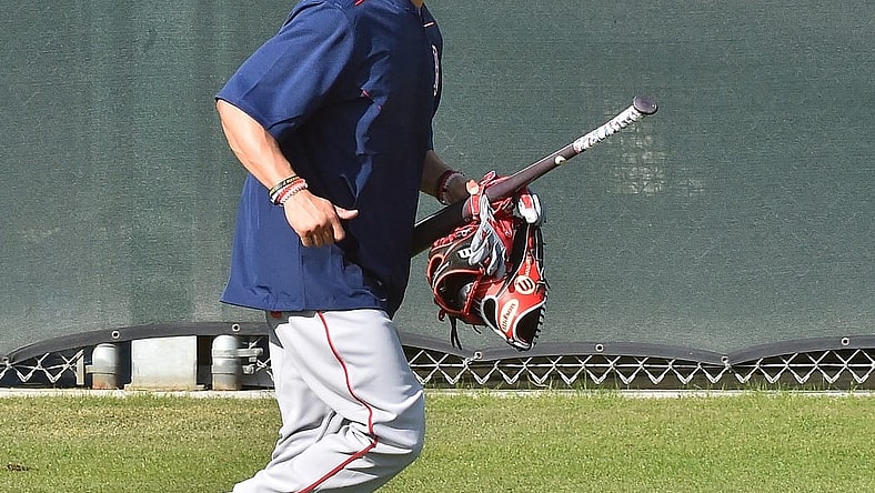 Feb 13, 2017; Lee County, FL, USA; Boston Red Sox right fielder Mookie Betts (50) runs on the field during reporting day for pitchers and catchers at JetBlue Park. Mandatory Credit: Jasen Vinlove-USA TODAY Sports
