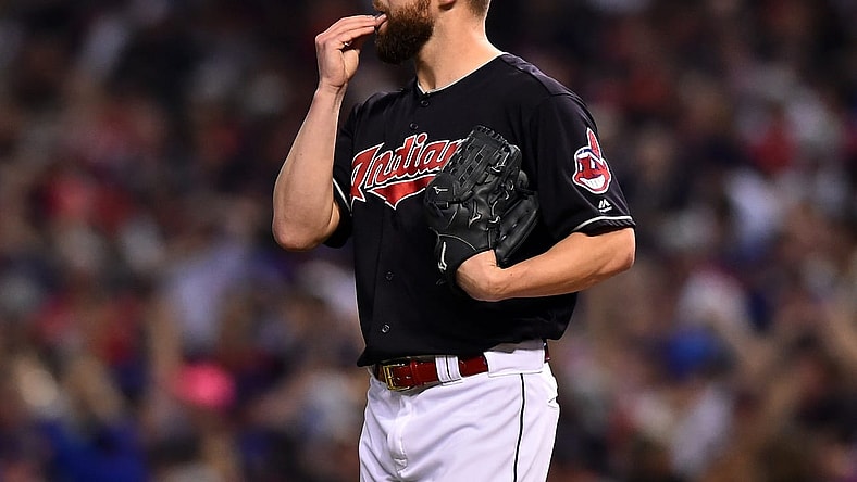 Nov 2, 2016; Cleveland, OH, USA; Cleveland Indians starting pitcher Corey Kluber (28) reacts after giving up a solo home run to Chicago Cubs center fielder Dexter Fowler (not pictured) in the first inning in game seven of the 2016 World Series at Progressive Field. Mandatory Credit: Ken Blaze-USA TODAY Sports