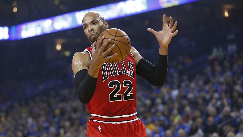 Feb 8, 2017; Oakland, CA, USA; Chicago Bulls forward Taj Gibson (22) holds onto a rebound against the Golden State Warriors in the first quarter at Oracle Arena. Mandatory Credit: Cary Edmondson-USA TODAY Sports