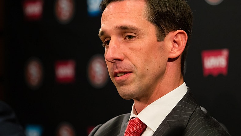 Feb 9, 2017; Santa Clara, CA, USA; San Francisco 49ers head coach Kyle Shanahan during a press conference at Levi's Stadium. Mandatory Credit: Kelley L Cox-USA TODAY Sports