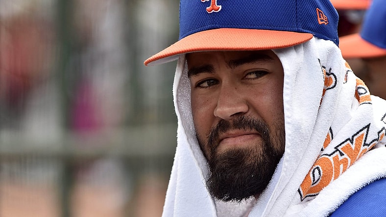 Mar 1, 2017; Jupiter, FL, USA; New York Mets shortstop Luis Guillorme (77) looks on from the dugout during a spring training game against the St. Louis Cardinals at Roger Dean Stadium. Mandatory Credit: Steve Mitchell-USA TODAY Sports