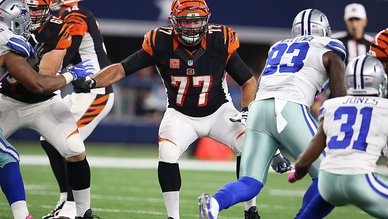 Oct 9, 2016; Arlington, TX, USA; Cincinnati Bengals tackle Andrew Whitworth (77) in action against the Dallas Cowboys at AT&T Stadium. Mandatory C