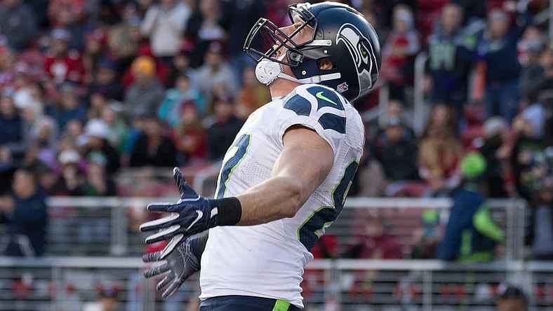 Caption: January 1, 2017; Santa Clara, CA, USA; Seattle Seahawks tight end Luke Willson (82) celebrates after scoring a touchdown against the San Francisco 49ers during the second quarter at Levi's Stadium. Mandatory Credit: Kyle Terada-USA TODAY Sports Created: