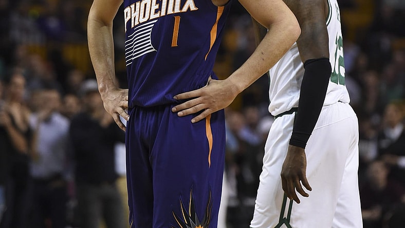 Caption: Mar 24, 2017; Boston, MA, USA; Phoenix Suns guard Devin Booker (1) during the second half against the Boston Celtics at TD Garden. Mandatory Credit: Bob DeChiara-USA TODAY Sports