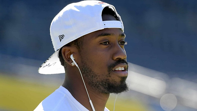 Dec 18, 2016; San Diego, CA, USA; Oakland Raiders wide punter Marquette King warms up before a game against the San Diego Chargers at Qualcomm Stadium. Mandatory Credit: Kirby Lee-USA TODAY Sports