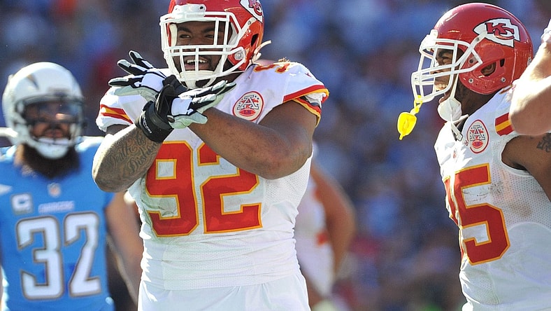 Nov 22, 2015; San Diego, CA, USA; Kansas City Chiefs nose tackle Dontari Poe (92) reacts after scoring a touchdown during the first half of the game against the San Diego Chargers at Qualcomm Stadium. Kansas City won 33-3. Mandatory Credit: Orlando Ramirez-USA TODAY Sports