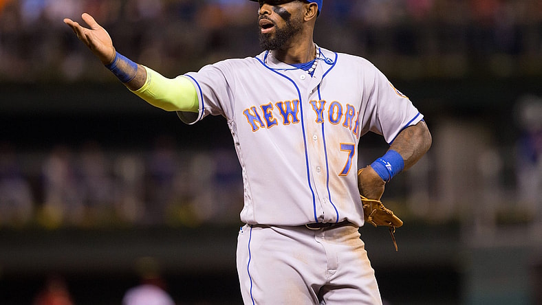 Caption: Apr 11, 2017; Philadelphia, PA, USA; New York Mets third baseman Jose Reyes (7) reacts with fans during a game against the Philadelphia Phillies at Citizens Bank Park. The New York Mets won 14-4. Mandatory Credit: Bill Streicher-USA TODAY Sports