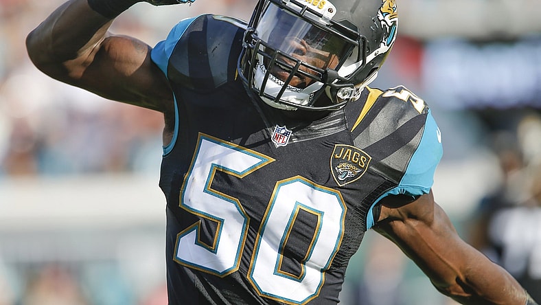 Nov 13, 2016; Jacksonville, FL, USA; Jacksonville Jaguars outside linebacker Telvin Smith (50) reacts to making a defensive stop against the Houston Texans during the second half of a football game at EverBank Field. The Texans won 24-21. Mandatory Credit: Reinhold Matay-USA TODAY Sports
