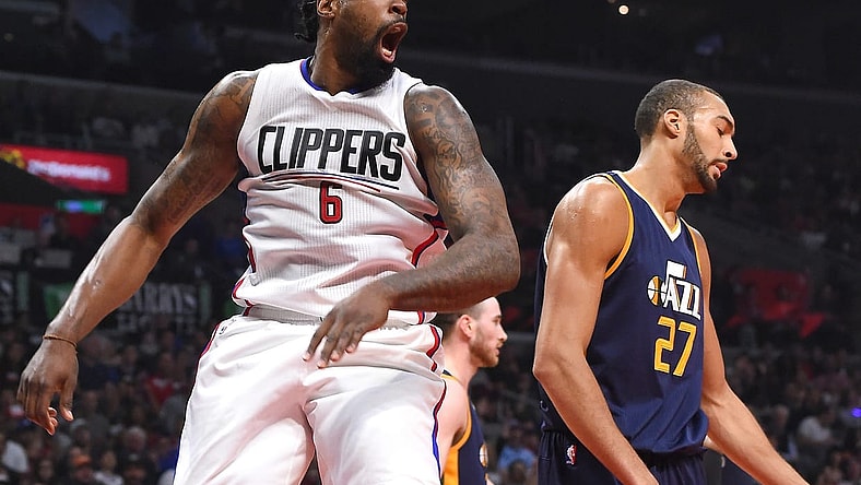 Caption: Mar 25, 2017; Los Angeles, CA, USA; Los Angeles Clippers center DeAndre Jordan (6) reacts after a dunk over Utah Jazz center Rudy Gobert (27) in the first half of the game at Staples Center. Mandatory Credit: Jayne Kamin-Oncea-USA TODAY Sports