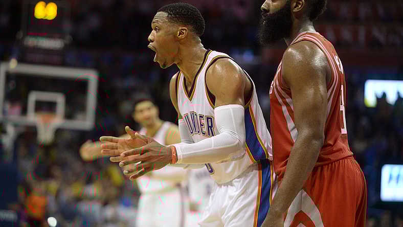 Caption: Nov 16, 2016; Oklahoma City, OK, USA; Oklahoma City Thunder guard Russell Westbrook (0) and Houston Rockets guard James Harden (13) react after a play against the Houston Rockets during the fourth quarter at Chesapeake Energy Arena. Mandatory Credit: Mark D. Smith-USA TODAY Sports