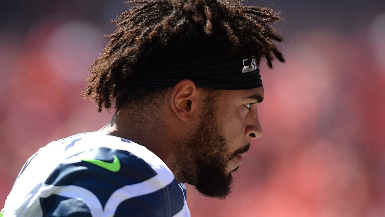 Caption: Aug 13, 2016; Kansas City, MO, USA; Seattle Seahawks tackle Garry Gilliam (79) before the game against the Kansas City Chiefs at Arrowhead Stadium. Seattle won the game 17-16. Mandatory Credit: John Rieger-USA TODAY Sports