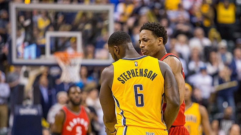 Caption: Apr 4, 2017; Indianapolis, IN, USA; Toronto Raptors guard DeMar DeRozan (10) gets into an altercation with Indiana Pacers guard Lance Stephenson (6) in the second half of the game at Bankers Life Fieldhouse. The Pacers beat the Raptors 108-90. Mandatory Credit: Trevor Ruszkowski-USA TODAY Sports