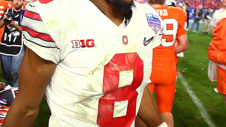December 31, 2016; Glendale, AZ, USA; Ohio State Buckeyes cornerback Gareon Conley (8) against the Clemson Tigers in the the 2016 CFP semifinal at University of Phoenix Stadium. Mandatory Credit: Mark J. Rebilas-USA TODAY Sports