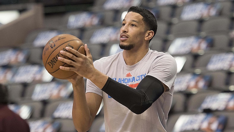 Mar 27, 2017; Dallas, TX, USA; Oklahoma City Thunder forward Andre Roberson (21) warms up prior to the game against the Dallas Mavericks at the American Airlines Center. Mandatory Credit: Jerome Miron-USA TODAY Sports