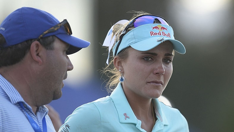 April 2, 2017; Rancho Mirage, CA, USA; Lexi Thompson reacts following her loss in playoff against So Yeon Ryu during the final round of the ANA Inspiration golf tournament at Mission Hills CC - Dinah Shore Tournament Cou. Mandatory Credit: Gary A. Vasquez-USA TODAY Sports