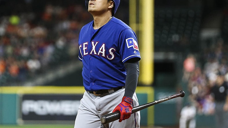 May 1, 2017; Houston, TX, USA; Texas Rangers designated hitter Shin-Soo Choo (17) reacts after striking out during the eighth inning against the Houston Astros at Minute Maid Park. Mandatory Credit: Troy Taormina-USA TODAY Sports