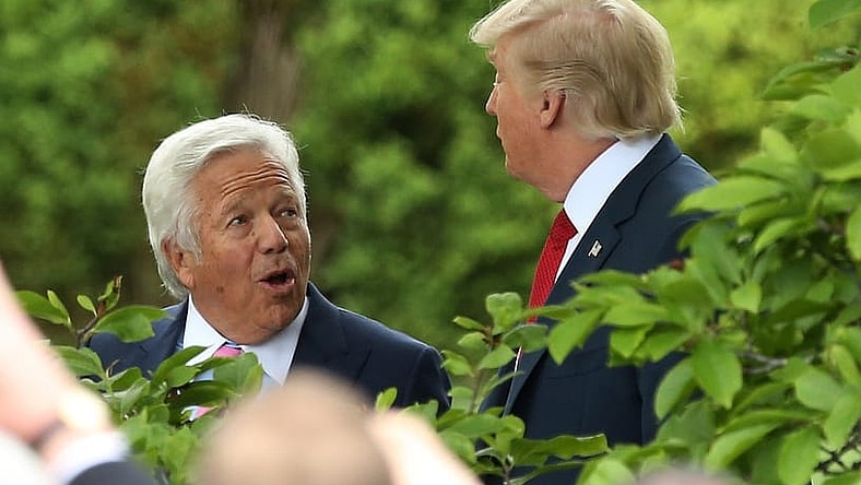 Apr 19, 2017; Washington, DC, USA; New England Patriots owner Robert Kraft (L) talks with President Donald Trump (R) while walking through the Rose Garden to a ceremony honoring the Super Bowl LI champion New England Patriots on the South Lawn at the White House. Mandatory Credit: Geoff Burke-USA TODAY Sports
