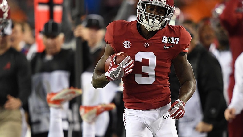 Caption: Jan 9, 2017; Tampa, FL, USA; Alabama Crimson Tide wide receiver Calvin Ridley (3) runs the ball during the second quarter against the Clemson Tigers in the 2017 College Football Playoff National Championship Game at Raymond James Stadium. Mandatory Credit: John David Mercer-USA TODAY Sports