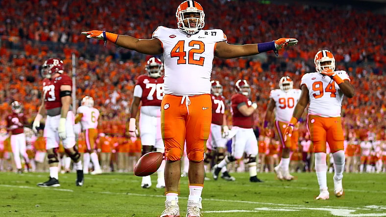 Jan 9, 2017; Tampa, FL, USA; Clemson Tigers defensive lineman Christian Wilkins (42) reacts after a defense play during the first quarter against the Alabama Crimson Tide in the 2017 College Football Playoff National Championship Game at Raymond James Stadium. Mandatory Credit: Mark J. Rebilas-USA TODAY Sports
