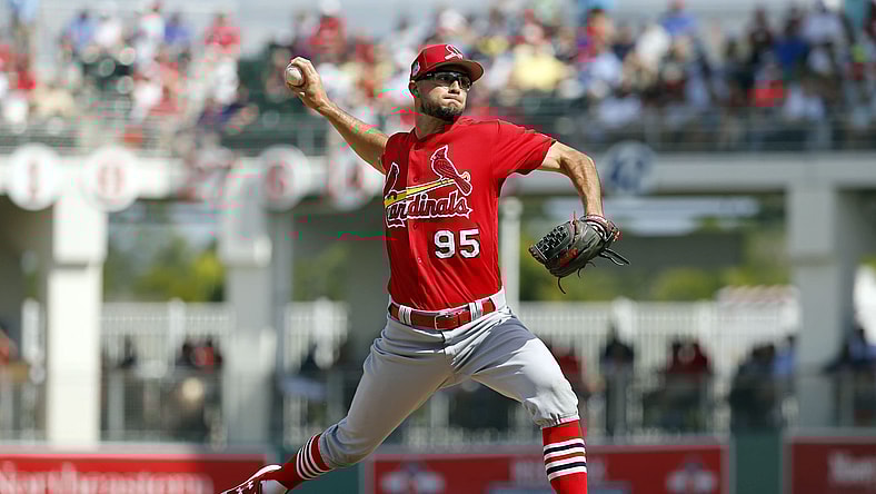 Feb 27, 2017; Fort Myers, FL, USA; St. Louis Cardinals pitcher Daniel Poncedeleon (95) throws a pitch during the fourth inning against the Boston Red Sox at JetBlue Park. Mandatory Credit: Kim Klement-USA TODAY Sports