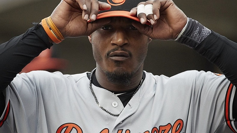 May 17, 2017; Detroit, MI, USA; Baltimore Orioles center fielder Adam Jones (10) in the dugout prior to the game against the Detroit Tigers at Comerica Park. Mandatory Credit: Rick Osentoski-USA TODAY Sports