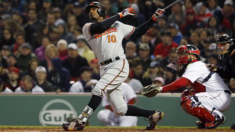 May 1, 2017; Boston, MA, USA; Baltimore Orioles center fielder Adam Jones (10) follows through during the sixth inning against the Boston Red Sox at Fenway Park. Mandatory Credit: Winslow Townson-USA TODAY Sports