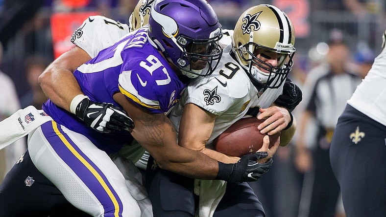 Minnesota Vikings defensive end Everson Griffen sacks New Orleans Saints quarterback Drew Brees on Monday Night Football
