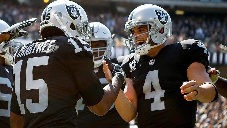 Oakland Raiders receiver Michael Crabtree and quarterback Derek Carr in NFL Week 2