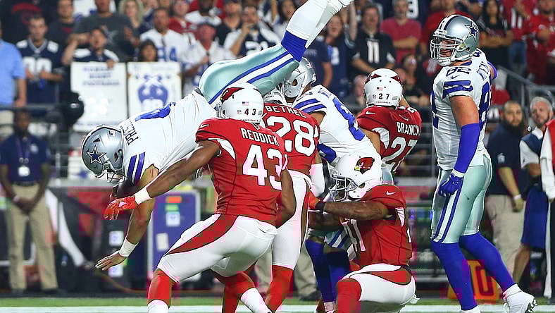 Dallas Cowboys quarterback Dak Prescott soars in for a touchdown on Monday Night Football