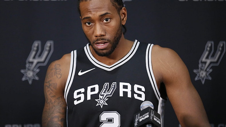 San Antonio Spurs small forward Kawhi Leonard (2) is interviewed during media day at the Spurs training facility.