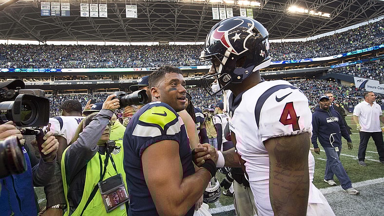 Russell Wilson and Deshaun Watson after a crazy game in NFL Week 8