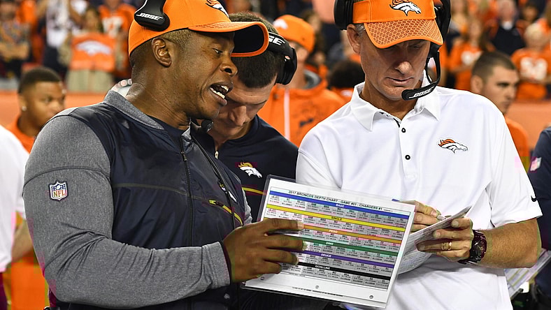 Broncos head coach Vance Joseph with offensive coordinator Mike McCoy