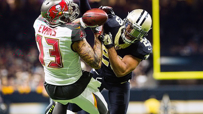 Tampa Bay Buccaneers receiver Mike Evans and New Orleans Saints cornerback Marshon Lattimore