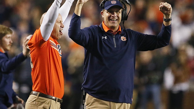 Auburn head coach Gus Malzahn celebrates during Iron Bowl win over Alabama in Rivalry Week