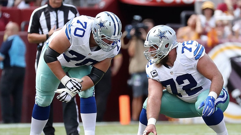 Dallas Cowboys center Travis Frederick (72) and Cowboys guard Zack Martin (70) line up against the Washington Redskins at FedEx Field.