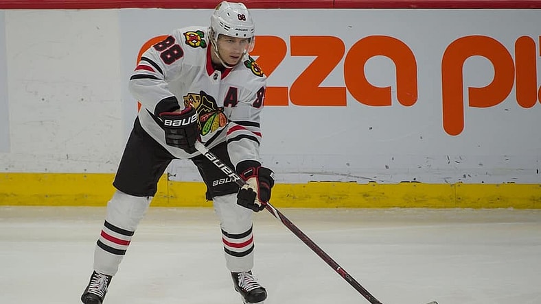 Jan 9, 2018; Ottawa, Ontario, CAN; Chicago Blackhawks right wing Patrick Kane (88) shoots the puck in the third period against the Ottawa Senators at Canadian Tire Centre. Mandatory Credit: Marc DesRosiers-USA TODAY Sports