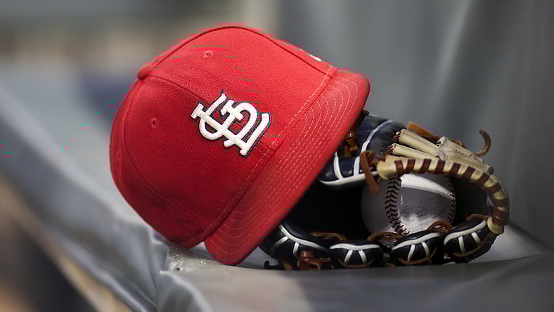 Cardinals hat during MLB game against the Braves