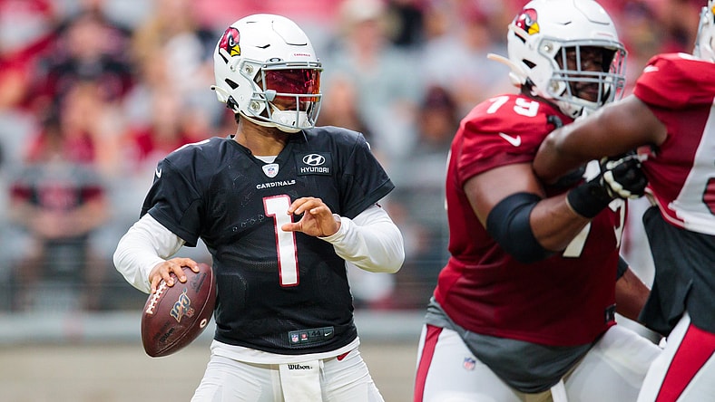 Aug 1, 2019; Glendale, AZ, USA; Arizona Cardinals quarterback Kyler Murray (1) during trading camp practice at State Farm Stadium. Mandatory Credit: Mark J. Rebilas-USA TODAY Sports