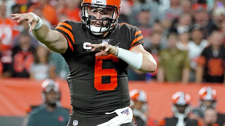 Cleveland Browns quarterback Baker Mayfield throwing a pass during an NFL game