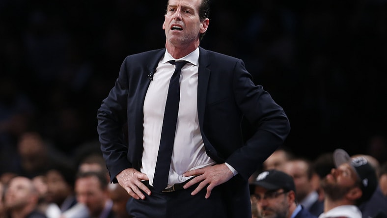 Nets head coach Kenny Atkinson reacts to a bad call against the 76ers.